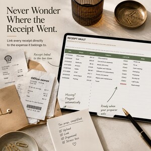 May include: A digital tablet displaying a Receipt Vault spreadsheet with columns for date, vendor, amount, category, link, and notes. Beside the tablet are paper receipts, a notepad with a tax prep checklist, a pen, and small metal bowls.