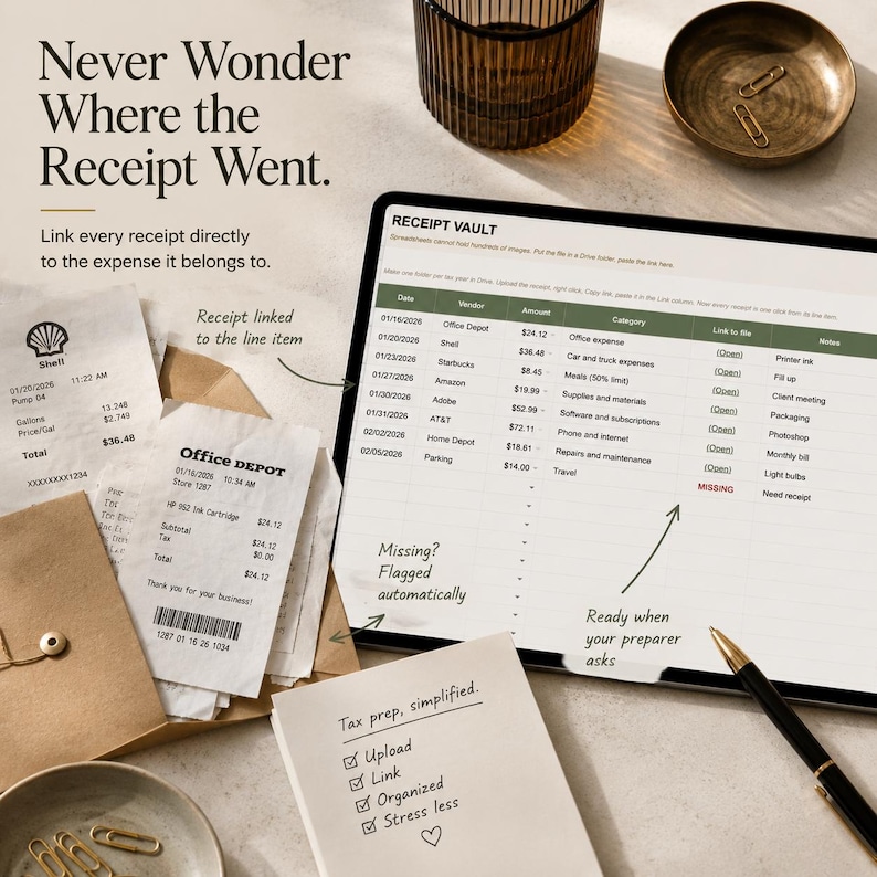 May include: A digital tablet displaying a Receipt Vault spreadsheet with columns for date, vendor, amount, category, link, and notes. Beside the tablet are paper receipts, a notepad with a tax prep checklist, a pen, and small metal bowls.