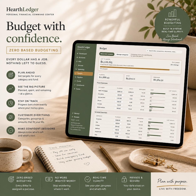 K&ouml;nnte beinhalten: Ein Tablet mit der Benutzeroberfl&auml;che der HearthLedger Finanzverwaltungssoftware, das ein Budget-Dashboard mit Spalten f&uuml;r geplante, ausgegebene und verbleibende Ausgaben zeigt, neben einem Notizbuch, einem Stift und einer Kaffeetasse.