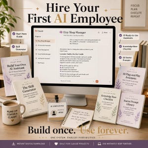 May include: A computer monitor displays an Etsy Shop Manager interface alongside printed guides titled Build Your Own AI Assistant, The Skill Generator, Knowledge Base Checklist, and Starter Prompt Library, plus a coffee mug and ID badge.