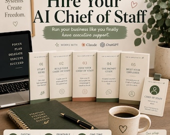 May include: The AI Employee Kit includes five numbered guides titled Start Here, Build Your Chief of Staff, Feed Your Chief of Staff, The Prompt Guide, and Meet Your Employee, alongside a Chief of Staff ID badge, a notebook, and a speckled mug.