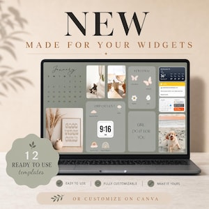 Op de afbeelding: Een laptop met een bureaubladontwerp met widgets, waaronder een kalender, weer en inspirerende citaten. Het scherm leest "NEW MADE FOR YOUR WIDGETS" en "12 READY TO USE templates". Het ontwerp is in neutrale tinten met een minimalistische esthetiek.