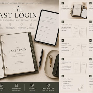May include: A modern digital legacy system, "The Last Login", is displayed open, alongside a tablet and pen. The binder's pages are labelled with categories such as "Crypto & Web3" and "Digital Identity & Logins". A cup of coffee and a small plant are also visible.