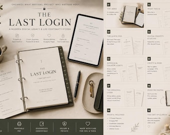 May include: An open binder with the text "The Last Login" sits next to a tablet and a pen. The binder's pages are labeled with categories like "Crypto & Web3" and "Digital Identity & Logins". A cup of coffee and a small plant are also visible.
