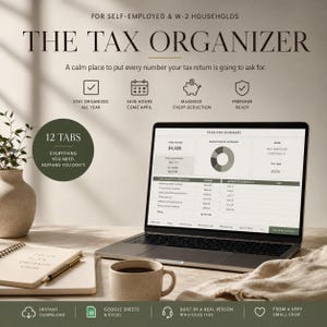 May include: A digital tax organizer displayed on a laptop screen showing a year-end summary with income and deduction categories. The screen features text including THE TAX ORGANIZER, 12 TABS, and various icons. A notebook, pen, and mug are nearby.