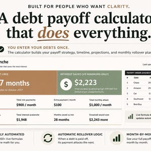 May include: A debt payoff calculator with the text "A debt payoff calculator that does everything." The calculator shows a debt avalanche strategy, with a debt-free timeline of 17 months and interest saved of £1,780.
