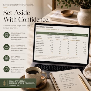 May include: A laptop screen displays a Quarterly Reserve financial spreadsheet with columns for four quarters, alongside a coffee mug and a spiral notebook with handwritten notes titled Quarterly Game Plan, featuring dates for Q1 through Q4.