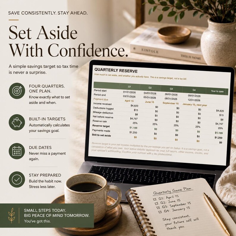 May include: A laptop screen displays a Quarterly Reserve financial spreadsheet with columns for four quarters, alongside a coffee mug and a spiral notebook with handwritten notes titled Quarterly Game Plan, featuring dates for Q1 through Q4.