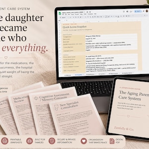 May include: A laptop and tablet display a care system for aging parents, with documents and a coffee cup nearby. The text reads "The Aging Parent Care System" and includes the phrase "For the daughter who became the one who knows everything."