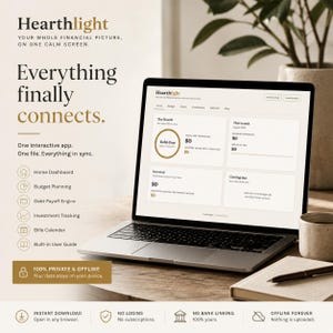 Puede incluir: Un portátil que muestra la interfaz del software financiero Hearthlight, con un panel para el seguimiento de deudas, presupuesto e inversiones. La pantalla muestra el texto Everything finally connects y 100% PRIVATE & OFFLINE.