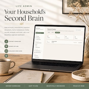 May include: A laptop displaying a digital household management dashboard titled Life Admin Your Household's Second Brain. The screen shows a Renewal Tracker with categories for accounts, subscriptions, and maintenance. Text includes Instant Download, Works Offline, Includes User Guide, and No Subscription.
