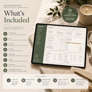 K&ouml;nnte beinhalten: Ein digitales Finanzmanagement-Dashboard auf einem Tablet-Bildschirm mit dem Titel HearthLedger Personal Financial Command Center. Die Benutzeroberfl&auml;che enth&auml;lt Abschnitte f&uuml;r Dashboard, Rechnungen, Einkommen, Budget, Ausgaben, Fonds, Konten und Dokumente. Der Text umfasst What's Included, Everything you need to manage your money & life und You'll receive.