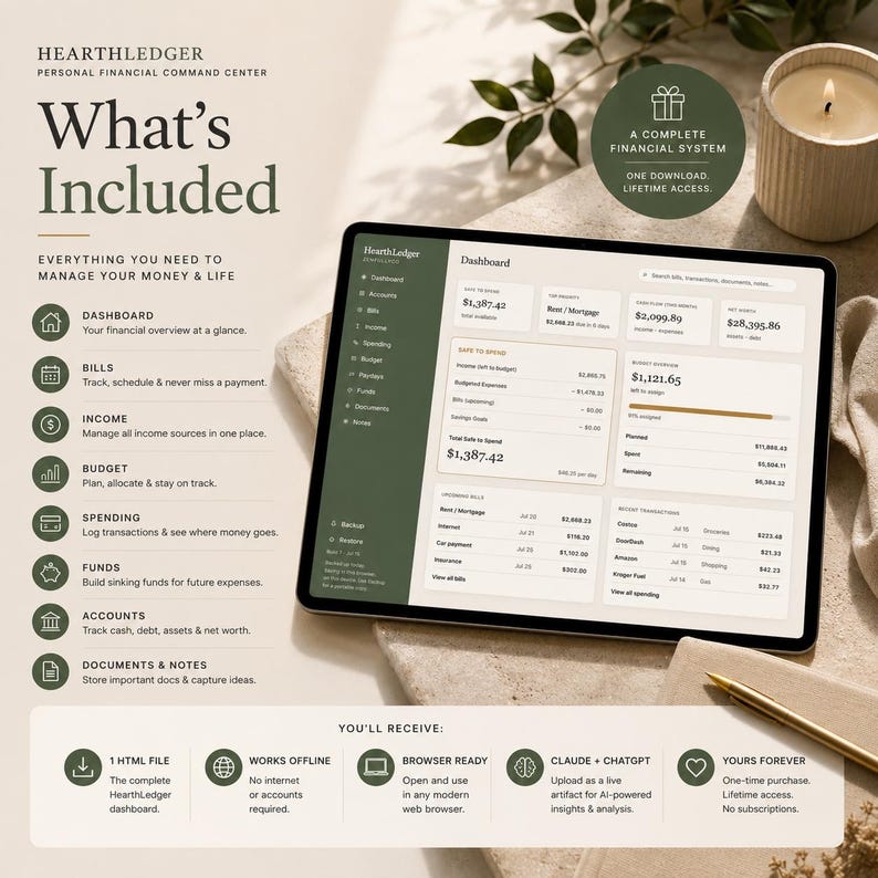 K&ouml;nnte beinhalten: Ein digitales Finanzmanagement-Dashboard auf einem Tablet-Bildschirm mit dem Titel HearthLedger Personal Financial Command Center. Die Benutzeroberfl&auml;che enth&auml;lt Abschnitte f&uuml;r Dashboard, Rechnungen, Einkommen, Budget, Ausgaben, Fonds, Konten und Dokumente. Der Text umfasst What's Included, Everything you need to manage your money & life und You'll receive.