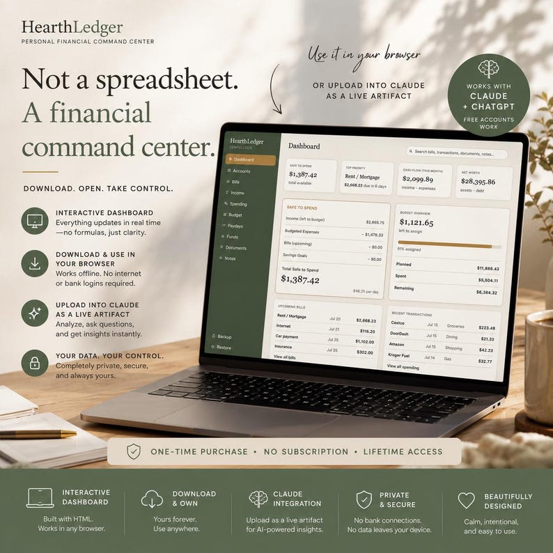 K&ouml;nnte beinhalten: Ein Laptop zeigt das Dashboard des HearthLedger Finanz-Command-Centers. Der Bildschirm pr&auml;sentiert Finanzdaten wie verf&uuml;gbares Guthaben, Budget&uuml;bersicht und aktuelle Transaktionen. Text auf dem Bildschirm hebt Funktionen wie interaktives Dashboard, Browser-Nutzung und Claude-Integration hervor.