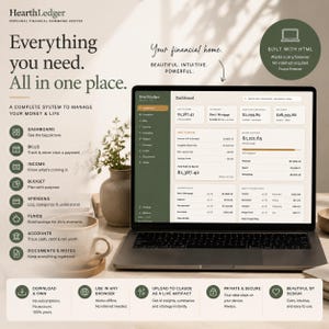 K&ouml;nnte beinhalten: Ein Laptop zeigt das Dashboard des HearthLedger Personal Financial Command Center. Der Bildschirm zeigt Finanzdaten wie Nettoverm&ouml;gen, Rechnungen und Einkommen. Der Text auf dem Bildschirm lautet: Everything you need. All in one place.