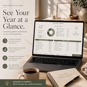 May include: A laptop displaying a year-end financial summary dashboard with charts and tables for tax year 2026. The screen shows total income, deductions, and net profit. Beside the laptop sits a coffee mug and a notebook with a pen on a desk.