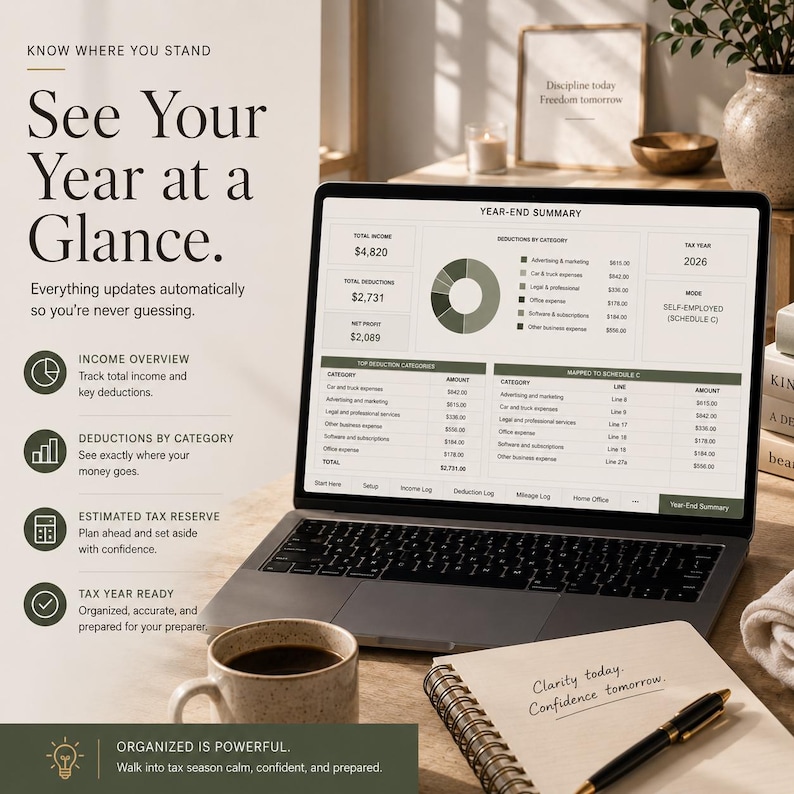 May include: A laptop displaying a year-end financial summary dashboard with charts and tables for tax year 2026. The screen shows total income, deductions, and net profit. Beside the laptop sits a coffee mug and a notebook with a pen on a desk.