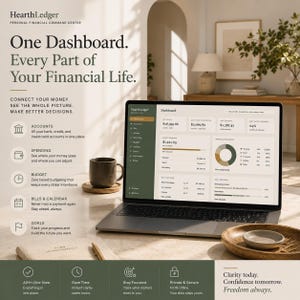 K&ouml;nnte beinhalten: Ein Laptop zeigt das HearthLedger Personal Financial Command Center Dashboard mit Finanzdaten, Diagrammen und Kontozusammenfassungen. Auf dem Bildschirm ist der Text One Dashboard, Every Part of Your Financial Life sowie verschiedene Budgetkategorien zu sehen.