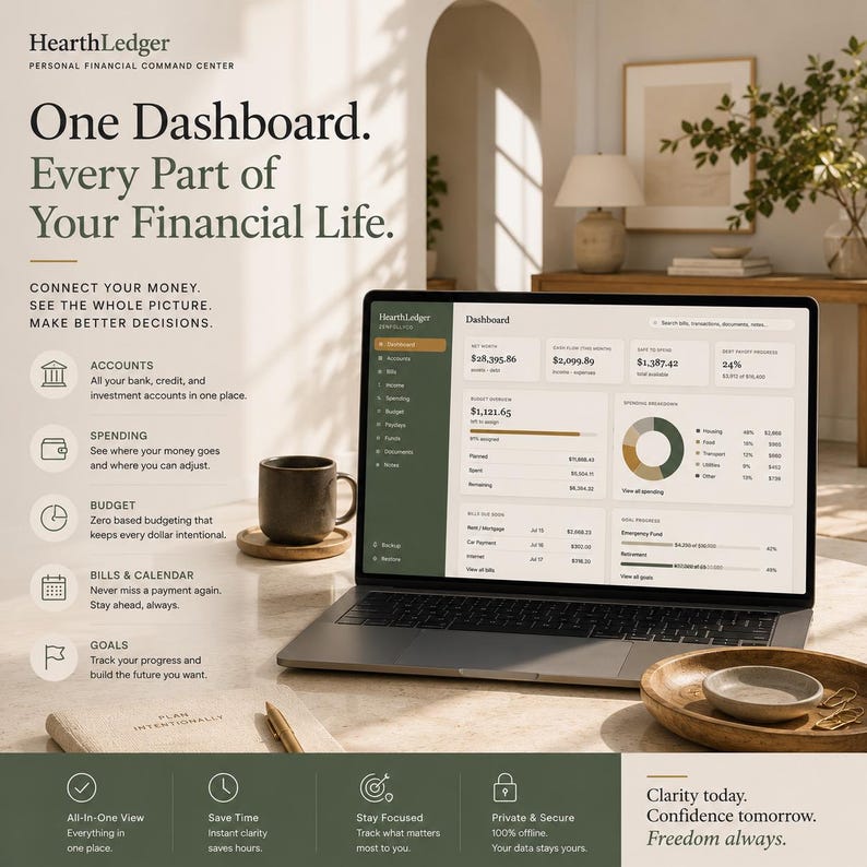 K&ouml;nnte beinhalten: Ein Laptop zeigt das HearthLedger Personal Financial Command Center Dashboard mit Finanzdaten, Diagrammen und Kontozusammenfassungen. Auf dem Bildschirm ist der Text One Dashboard, Every Part of Your Financial Life sowie verschiedene Budgetkategorien zu sehen.