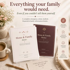 Peut inclure: Deux classeurs intitulés "The Home & Family Binder" sont présentés. L'un est blanc avec du texte bordeaux et des motifs floraux, l'autre est bordeaux avec du texte doré. L'image comprend le texte : "Everything your family would need."