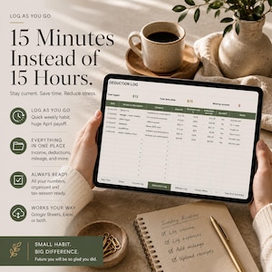 May include: A digital tablet displaying a Deduction Log spreadsheet with columns for date, vendor, category, amount, and receipts. The screen shows text including 15 Minutes Instead of 15 Hours, Log As You Go, and a checklist titled Sunday Routine.