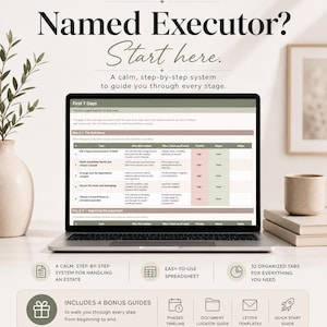 May include: A laptop screen displays a guide titled "Named Executor? Start here." The image shows a step-by-step system for handling an estate. Icons for a spreadsheet, bonus guides, a timeline, and letter templates are included. A vase and a mug are on the sides.