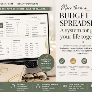May include: A laptop screen shows a Google Sheets budget spreadsheet with financial data. A notebook, pen, and glasses are also visible. Text reads "More than a BUDGET SPREADSHEET. A system for getting your life together."
