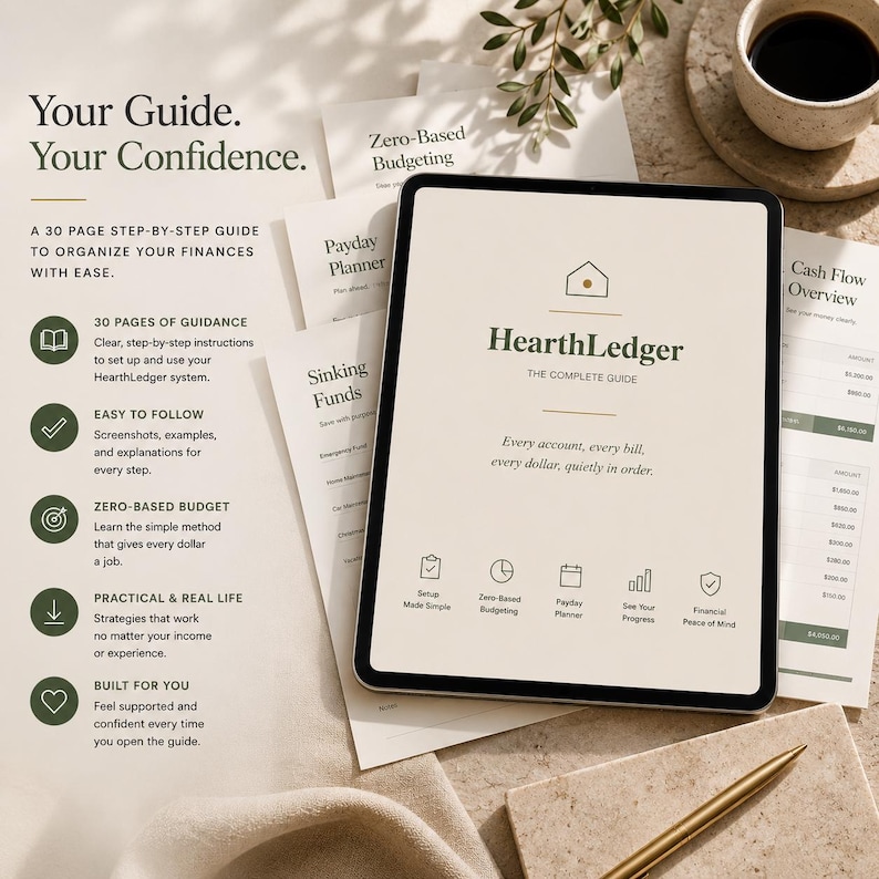 K&ouml;nnte beinhalten: Ein digitales Tablet mit dem 30-seitigen Finanzleitfaden HearthLedger und dem Text Your Guide. Your Confidence. Der Bildschirm zeigt Abschnitte zur Budgetierung, Finanzplanung und zum Cashflow, begleitet von ausgedruckten Papierdokumenten.
