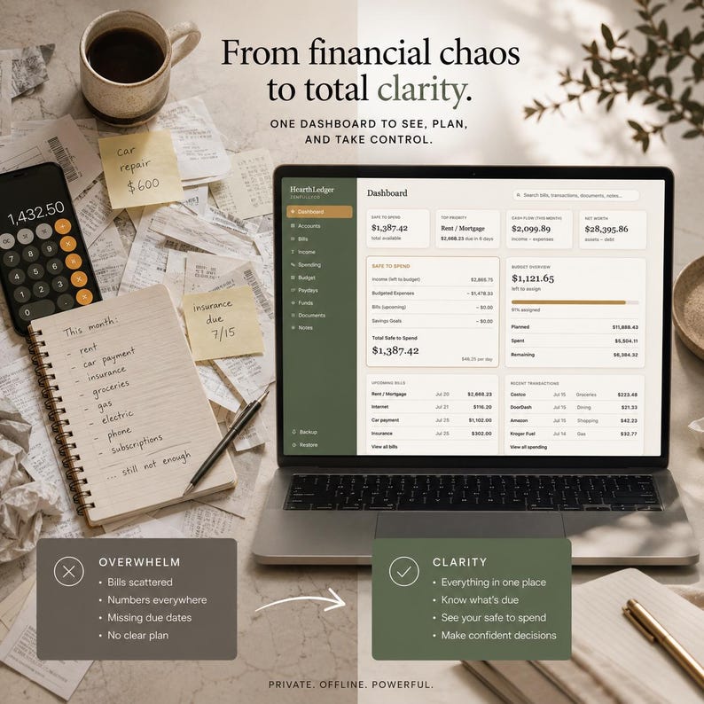 K&ouml;nnte beinhalten: Ein Laptop mit der HearthLedger-Dashboard-Software, umgeben von verstreuten Quittungen, einem Taschenrechner und einem Notizbuch. Der Text lautet: From financial chaos to total clarity. One dashboard to see, plan, and take control. Private, offline, powerful.