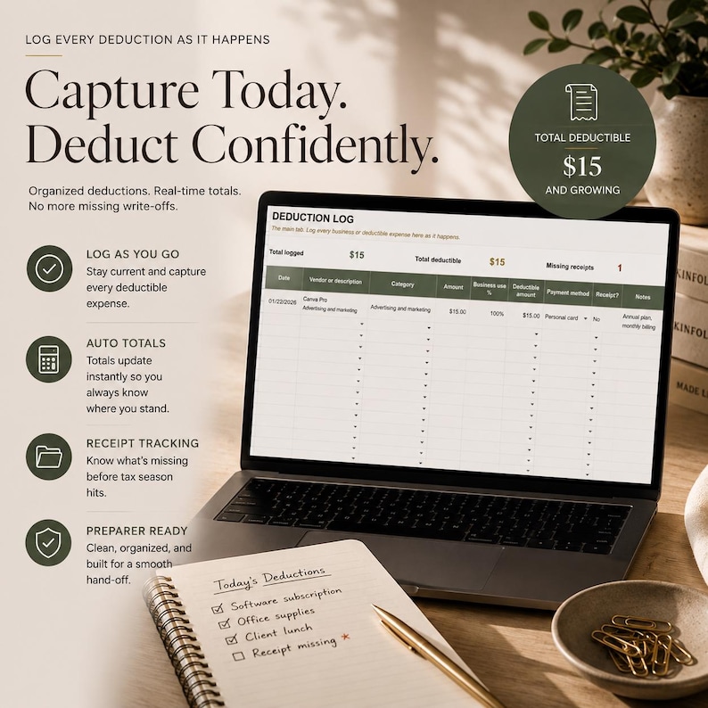 May include: A laptop displaying a deduction log spreadsheet with columns for date, vendor, category, amount, and business use. Beside it, a spiral notebook lists software subscription, office supplies, and client lunch with a gold pen.