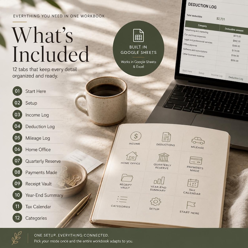 May include: A digital workbook interface displayed on a laptop and a physical notebook featuring a grid of twelve icons labeled Income, Deductions, Mileage, Home Office, Quarterly Reserve, Payments Made, Receipt Vault, Year-End Summary, Tax Calendar, Categories, Setup, and Start Here.