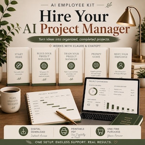 May include: An AI Employee Kit featuring five white booklets labeled Start Here, Build Your Project Manager, Train Your Project Manager, Prompt Guide, and Meet Your Employee. Includes a laptop with a project dashboard, a notebook, and a mug.