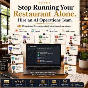 Restaurant Manager AI Kit | 11 AI Ops Employees for P+L, Labor, SOPs + Menu Engineering | Works with ChatGPT + Claude | Download