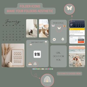 以下が含まれることがあります： コンピューターのデスクトップ用のフォルダアイコンをフィーチャーした画像のコラージュ。アイコンは、蝶、花、カレンダー、時計、虹、猫など、さまざまなスタイルでデザインされています。コラージュの上部には「FOLDER ICONS MAKE YOUR FOLDERS AESTHETIC」というテキストが書かれています。コラージュの下部には「90 ICONS TO CHOOSE FROM」というテキストが書かれています。