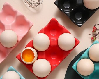 Amazon Com Singkasa Ceramic 6 Cups Egg Tray Half Dozen Stoneware Porcelain Egg Holder Kitchen Restaurant Fridge Storage And Cookable Egg Porcelain Decorative Crate White Set Of 6 1 Serving Trays
