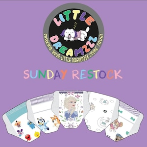 Op de afbeelding: Een advertentie voor Little Dreamzzz luiers. De afbeelding toont verschillende luiers met stripfiguren, waaronder Elsa, Bluey en Paw Patrol. De tekst "SUNDAY RESTOCK" wordt onder het Little Dreamzzz-logo weergegeven.