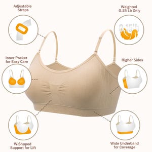 Op de afbeelding: Een beige naadloze bralette met verstelbare bandjes, een gewicht van 0,07 kg, binnenzakken, hogere zijkanten, een W-vormige ondersteuning voor lift en een brede onderband voor bedekking, weergegeven met beschrijvende kenmerken.
