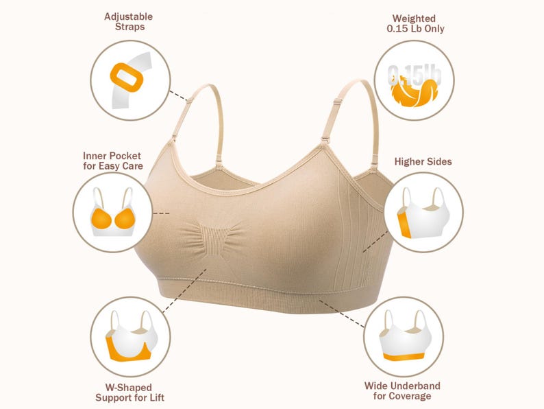 Op de afbeelding: Een beige naadloze bralette met verstelbare bandjes, een gewicht van 0,07 kg, binnenzakken, hogere zijkanten, een W-vormige ondersteuning voor lift en een brede onderband voor bedekking, weergegeven met beschrijvende kenmerken.
