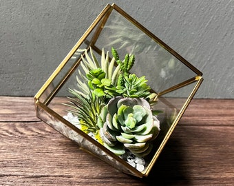 Glass Terrarium, Antique Gold Leaning Cube, Moonstone, Artificial Succulents, Handmade, Gift