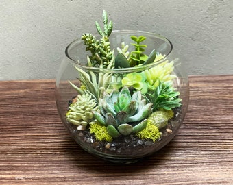 Glass Terrarium, Bubble Ball, Black Onyx, Artificial Succulents, Handmade, Gift
