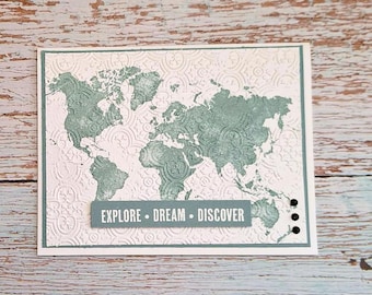 Explore Dream Discover Card: Embossed World Map, Graduation, Retirement.  Handmade