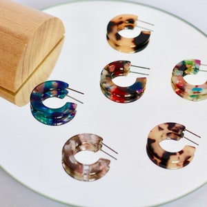 tortoise shell small hoop earrings | neutrals, multicolor, blue, purple  | acetate c-shape earrings