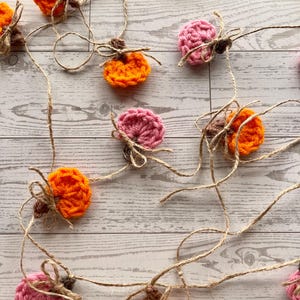 May include: A decorative garland featuring multiple crocheted pumpkins in vibrant orange and soft pink yarn. Each pumpkin is attached to a natural brown jute twine string and includes a small brown crocheted stem tied with a matching twine bow.