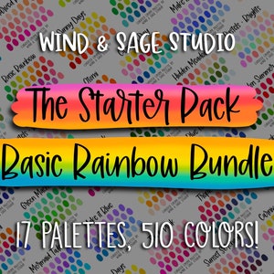 May include: A digital graphic featuring the text WIND & SAGE STUDIO, The Starter Pack, and Basic Rainbow Bundle. Below, the text 17 PALETTES, 510 COLORS! appears. The background displays multiple small, repeating color dot grids with labels.