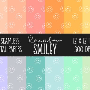 Rainbow Smiley Digital Paper, Seamless Pattern, Pastel Rainbow Smiley, Digital Paper Pack, Retro Smiley Scrapbook Paper,