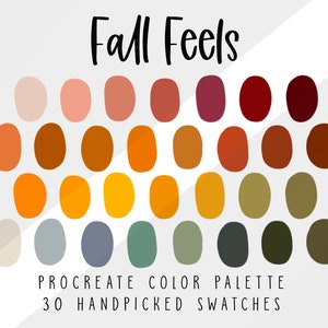 May include: A digital colour palette titled Fall Feels featuring 30 handpicked swatches arranged in four rows. The swatches display a variety of colours including shades of beige, peach, terracotta, red, orange, yellow, olive green, grey, and dark brown.