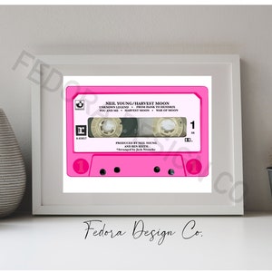 Pink Cassette Tape, Harvest Moon, Printable Wall Art, Digital Download, colorful artwork, trendy music song illustration