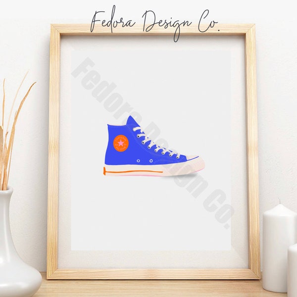 Classic High Top Sneaker Digital Download Printable Artwork, Vintage Aesthetic Shoe Art, Blue Orange