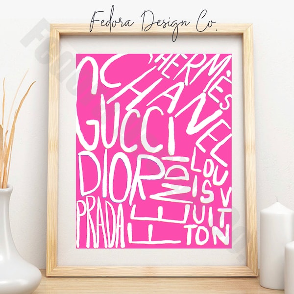 Designer Fashion Aesthetic, Printable Wall Art, Digital Download, Bar Cart Art, Shopping, Designer Brand, Fashion, Dorm art Pink Background