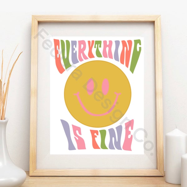 Everything is Fine, Smiley Face, Faded Vintage Colors, Digital Illustration, Printable Wall Art